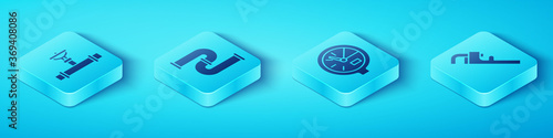 Set Isometric Industry pipe and valve, Industry metallic pipe, Pipe adjustable wrench and Water meter icon. Vector.