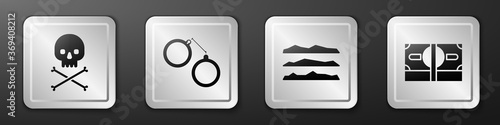Set Skull on crossbones, Handcuffs, Cocaine or heroin drug and Stacks paper money cash icon. Silver square button. Vector.