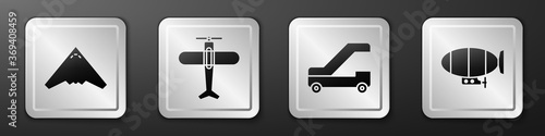 Set Jet fighter, Plane, Passenger ladder for plane boarding and Airship icon. Silver square button. Vector.