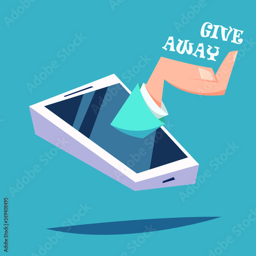 SMM marketing concept. Blogger's hand holding text give away in hand.Phone with shadow.