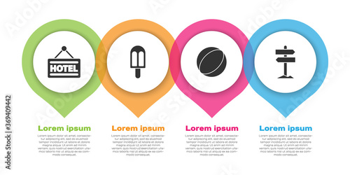 Set Signboard with text Hotel, Ice cream, Beach ball and Road traffic signpost. Business infographic template. Vector.