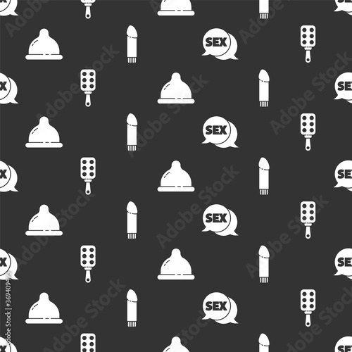 Set Speech bubble with Sex, Spanking paddle, Condom and Dildo vibrator on seamless pattern. Vector.