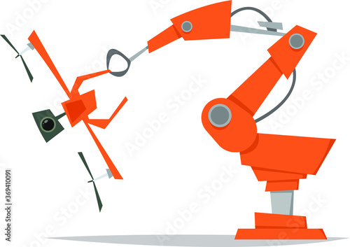 The robot which is engaged in the production of drones. Repair drones.Smart technology in action.Robotic arm. Industrial robot, robotic industry and technology, machine concept, robot manipulator