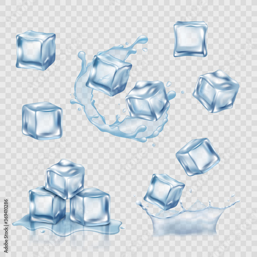 Set of transparent ice cubes, realistic mockup vector illustration isolated.