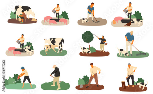 Set of farmers and agricultural workers Flat cartoon vector illustration. - Vector