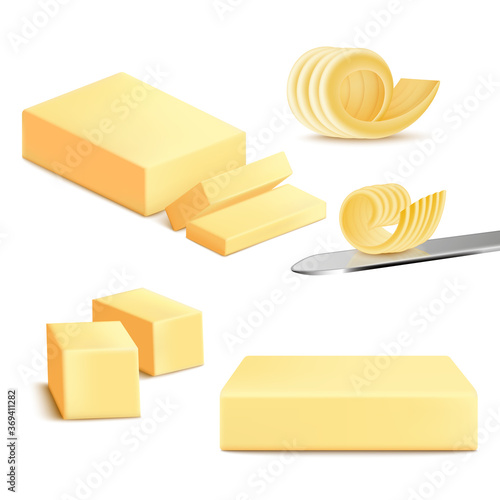 Butter block, sticks and slices isolated on white background