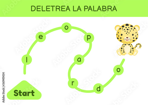 Deletrea la palabra - Spell the word. Maze for kids. Spelling word game template. Learn to read word leopard. Activity page for study Spanish for development of children. Vector stock illustration.