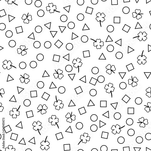 Seamless pattern on a white background. Clover and geometric shapes. Design for fabric, packaging, papers. Vector illustration