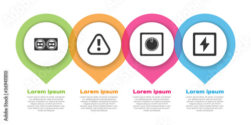 Set Electrical outlet, Exclamation mark in triangle, Electric light switch and Lightning bolt. Business infographic template. Vector.