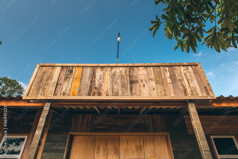 Wooden advertising space. Exterior of new cafe Wooden advertising space. Exterior of new cafe