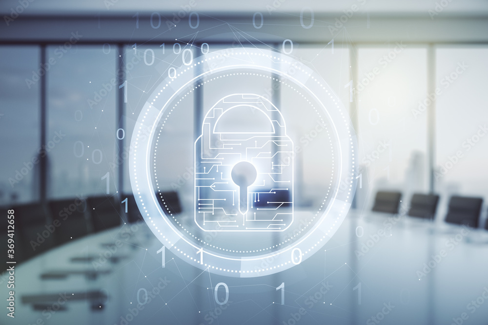 Virtual creative lock sketch with chip hologram on a modern boardroom background, protection of personal data concept. Multiexposure Virtual creative lock sketch with chip hologram on a modern boardroom background, protection of personal data concept. Multiexposure