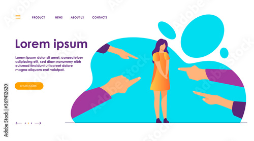 Depressed sad woman standing as victim flat vector illustration. Surrounded girl and fingers pointing at her. Conviction, indictment and social denunciation concept.