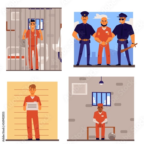 Cartoon set of criminal men in prison uniform in or going to jail