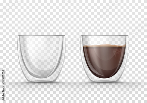 Set transparent vector of realistic illustrations, isolated icons, glasses empty and full of coffee. Glass mug with strong, hot drink, espresso, cappuccino or latte. Mockup for brand advertising.