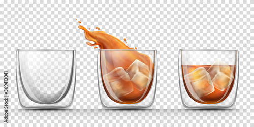 Set of glasses with double walls for strong alcohol drinks in a realistic style isolated on transparent background. Empty, full glass and splash of whiskey in a glass with hard beverage with ice cubes