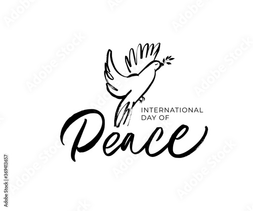 International Peace Day hand written lettering with dove and olive branch. Hand drawn calligraphy phrase isolated on white background. Bird with a palm branch. Holiday card, banner, template, concept