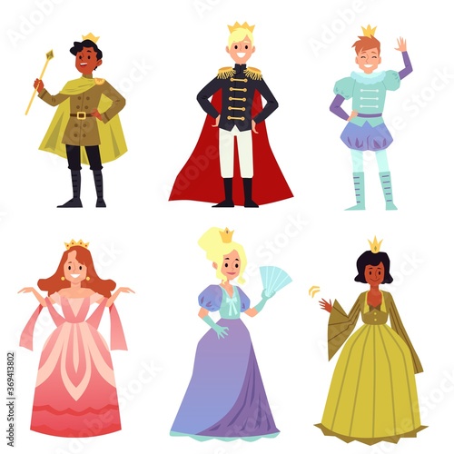 People in medieval costumes - isolated set of cartoon prince and princess
