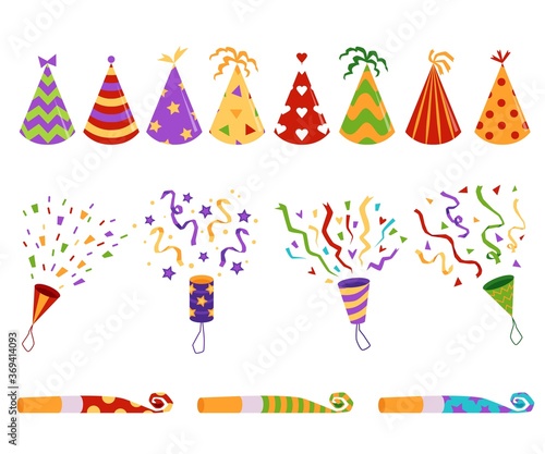 Birthday party hats, blowers and confetti flat vector illustrations set isolated.