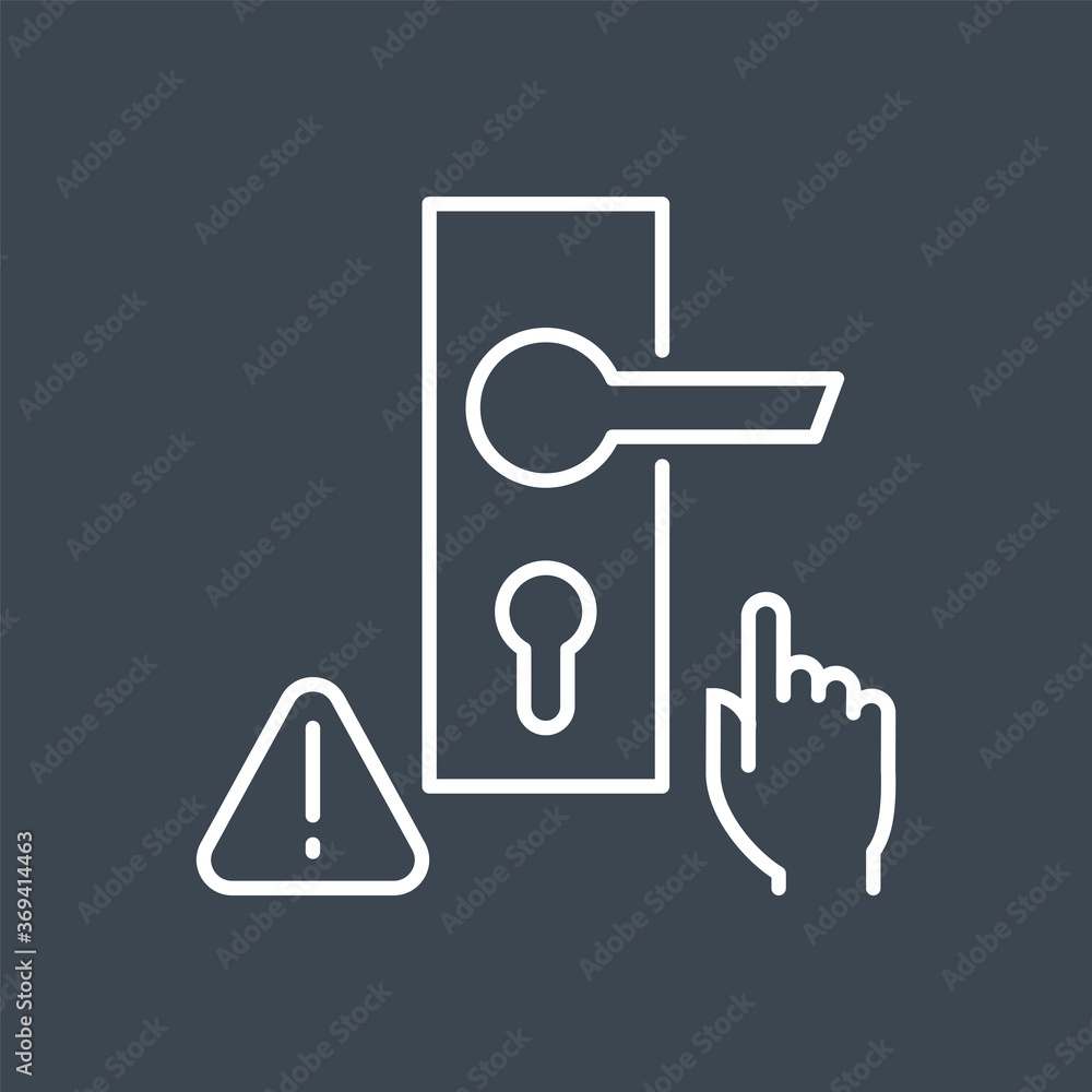 Don't touch door handle related vector thin line icon. Doorknob, hand and exclamation mark in triangle. Isolated on black background. Editable stroke. Vector illustration. Don't touch door handle related vector thin line icon. Doorknob, hand and exclamation mark in triangle. Isolated on black background. Editable stroke. Vector illustration.