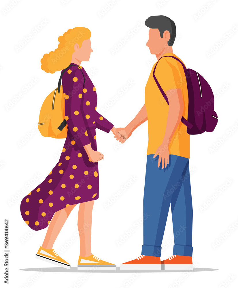 Man and woman isolated on white. Spend time together. Young heterosexual couple in love. Romance togetherness, harmony in relations. Male and female characters. Cartoon flat vector illustration