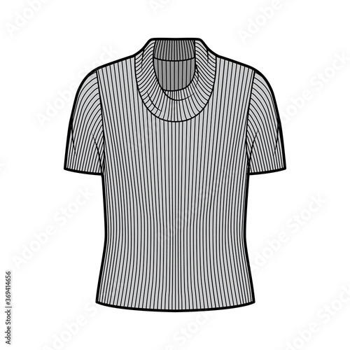 Ribbed cowl turtleneck knit sweater technical fashion illustration with short rib sleeves, oversized body. Flat outwear apparel template front, grey color. Women, men unisex shirt top CAD mockup