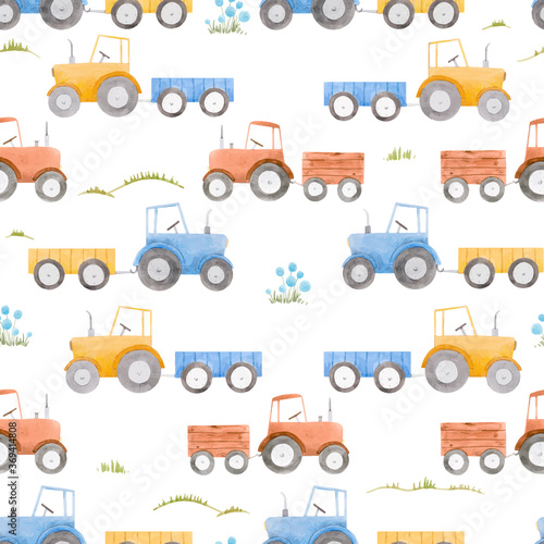 Beautiful seamless pattern with watercolor colorful tractors. Stock illustration.
