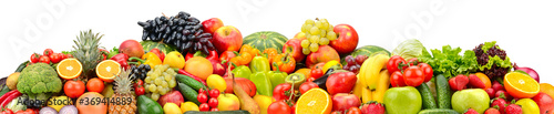 Wide collage ripe vegetables, fruits and berries isolated on white
