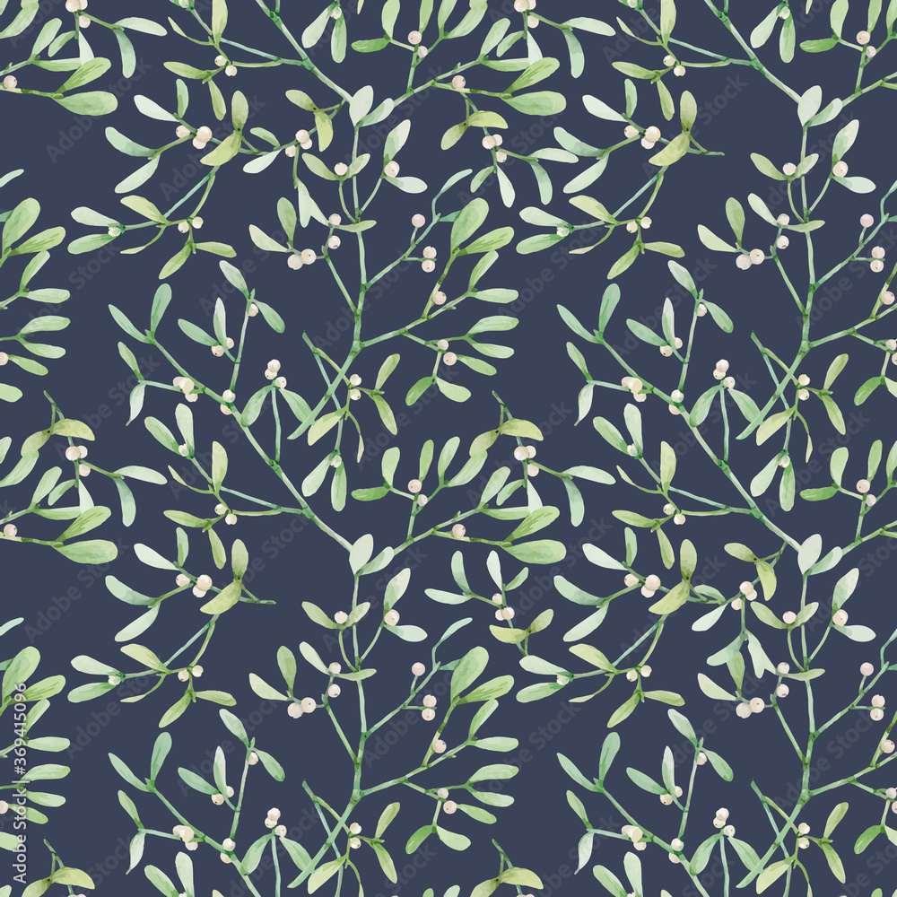 Beautiful seamless pattern with watercolor mistletoe plant leaves. Stock illustraqtion.