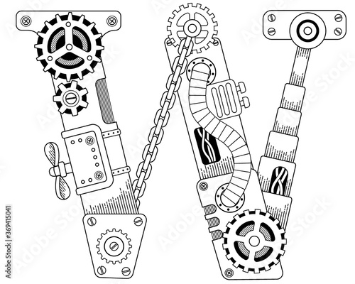 Vector coloring book for adults. Steampunk font. Mechanical alphabet made of metal gears and various details on white background. Capital letter W