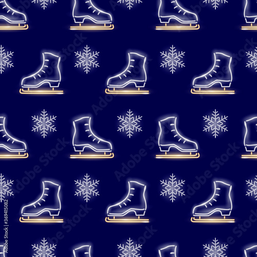 Seamless pattern with neon icons of ice figure skate and snowflakes on dark blue background. Winter sport, skating, foorwear concept for wallpaper, wrapping, print. Vector 10 EPS illustration.