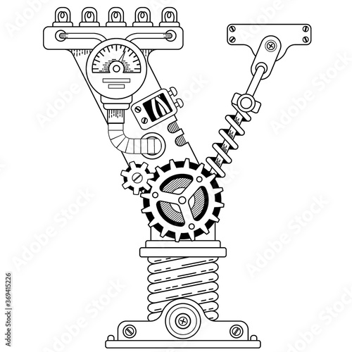 Vector coloring book for adults. Steampunk font. Mechanical alphabet made of metal gears and various details on white background. Capital letter Y