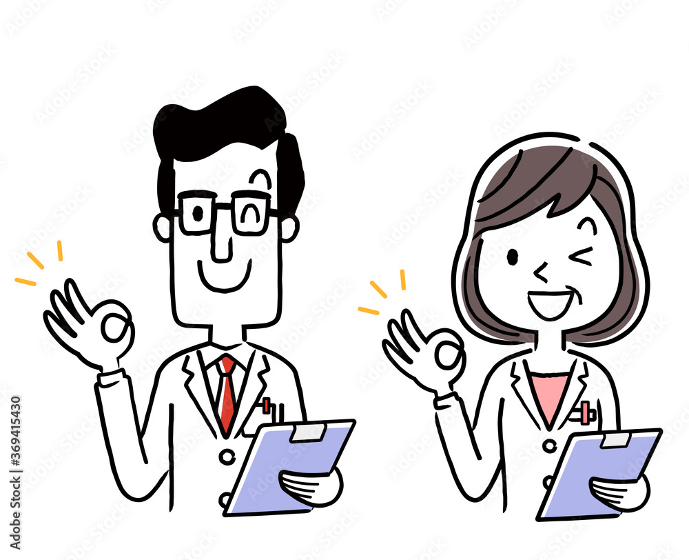 Vector material: male and female doctors smiling and giving OK sign Vector material: male and female doctors smiling and giving OK sign