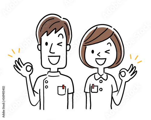 Vector illustration material: young nurse, male and female, giving ok sign