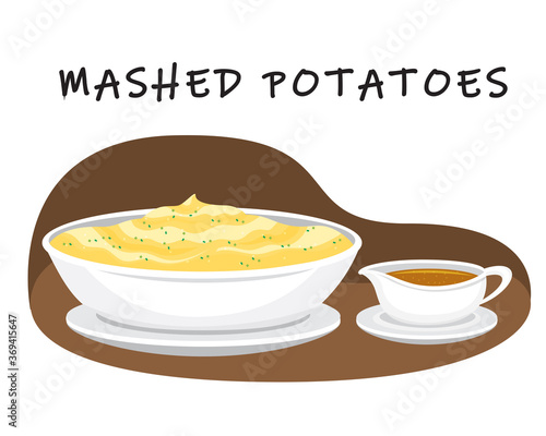 illustration vector cartoon of food mashed potatoes bowl with gravy boat on table. Thanksgiving traditoin side dished set concept.