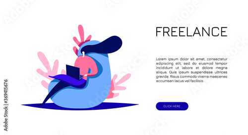 Freelancer concept. Flat vector illustration. A girl working freelance at the computer far from home.