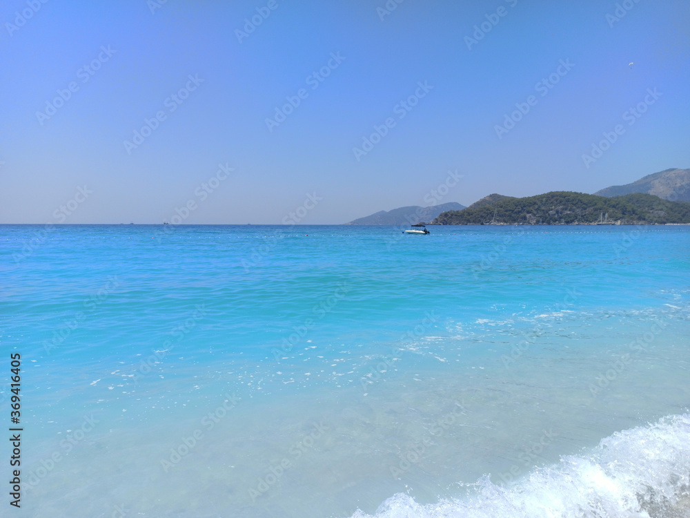 The deep blue color of the Mediterranean Sea near the city of Fethiye in Turkey.