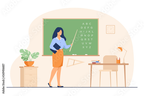 Teacher standing near blackboard and holding stick isolated flat vector illustration. Cartoon woman character near chalkboard and pointing on alphabet. School and learning concept
