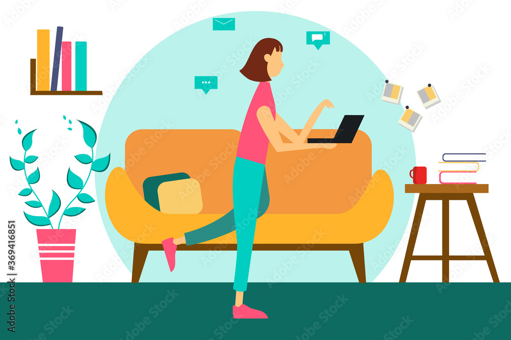 Girl with laptop at home. Freelancer or student. illustration in a flat style.  