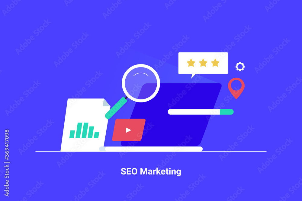 Search engine marketing and seo service. Digital marketing campaign with data driven strategy. Laptop with magnifying glass, search bar and local traffic targeting concept. Web banner template.