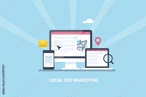 Local search, local business listing displaying on desktop.  Searching local store, seo search result showing on laptop and mobile. Local search marketing and local seo optimization. Web banner.