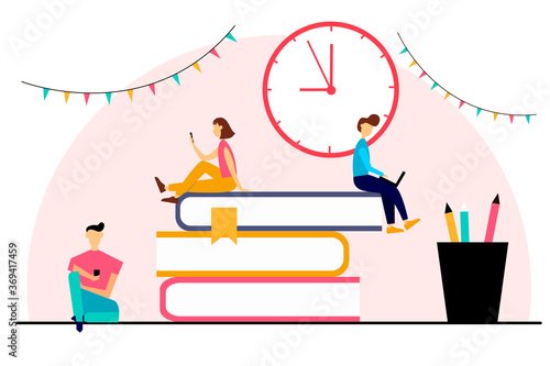 Characters doing various tasks. Illustration of online learning  school  creative ideas  business. Vector illustration in flat style. 