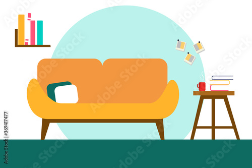 Furniture: sofa, bookshelf, table top. Living room interior. Vector illustration in flat style.