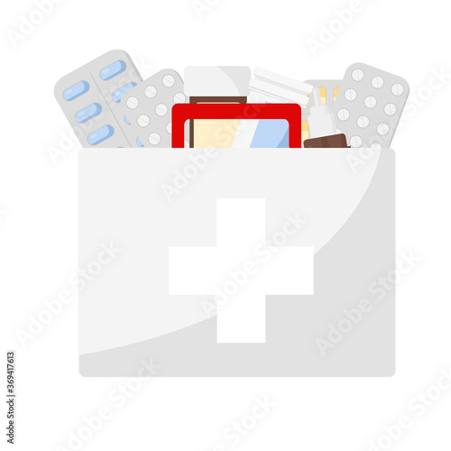 first aid kit with various medicines and pills. Vector on a white background.