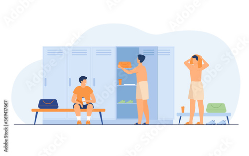School locker room isolated flat vector illustration. Cartoon football or soccer team changing clothes after training. Sport, lifestyle and fitness concept