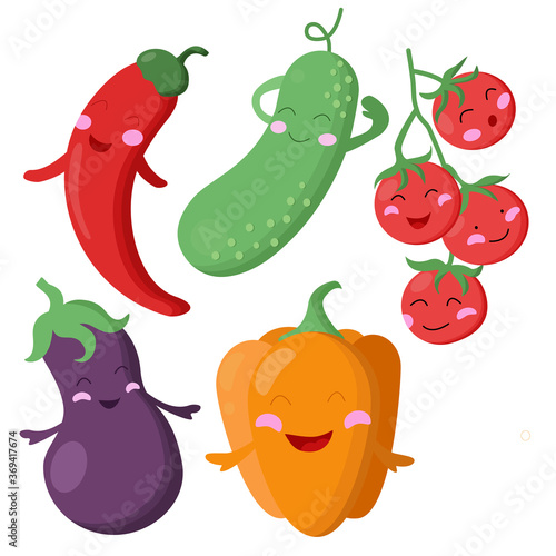 Set of kawaii vegetables with handles. Fruits of eggplant, sweet and spicy pepper, cucumber and cherry tomato.
Isolated on a white background.