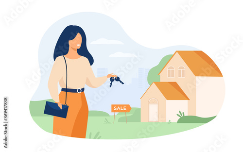 Realty agent holding keys and standing near building isolated flat vector illustration. Cartoon woman and house for sale. Real estate and mortgage concept