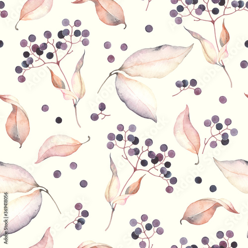 Watercolor seamless pattern with autumn leaves and black berry rowan Aronia. Abstract illustration in vintage style on ivory background.