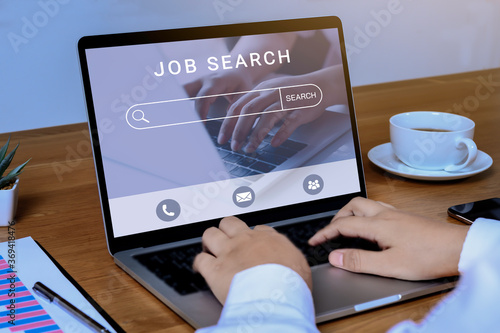 Job search concept, find your career, woman using laptop with job search at online website on screen.