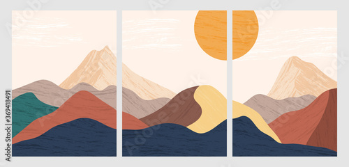 Abstract nature, sea, sky, rock mountain landscape poster. Geometric landscape background in scandinavian style. Vector illustration of natural