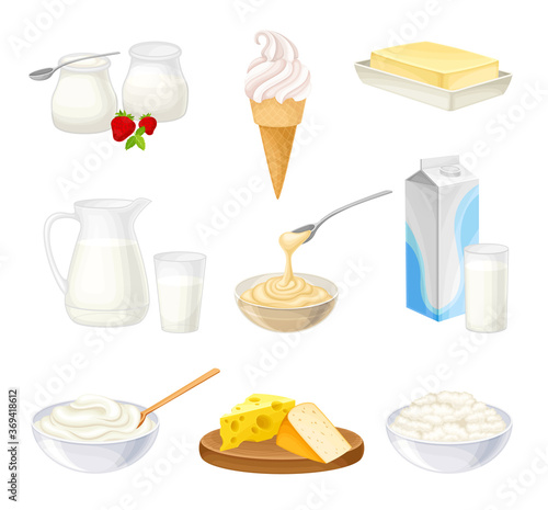 Dairy Products with Sour Cream in Bowl, Cheese and Yogurt Vector Set